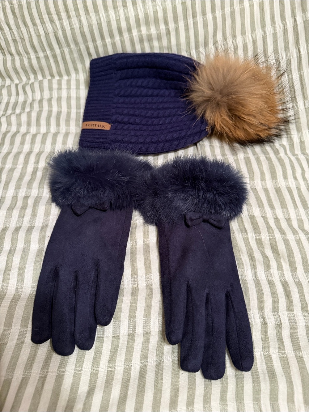 Navy Knit Pom Beanie and Navy Faux-Fur Cuff Gloves Set